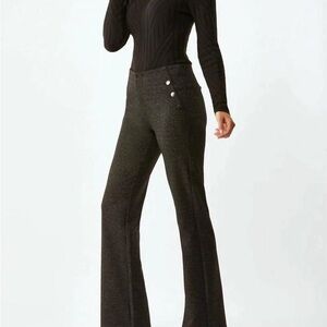 ECRU Mid-Waist Flared Knit Pants in Herringbone